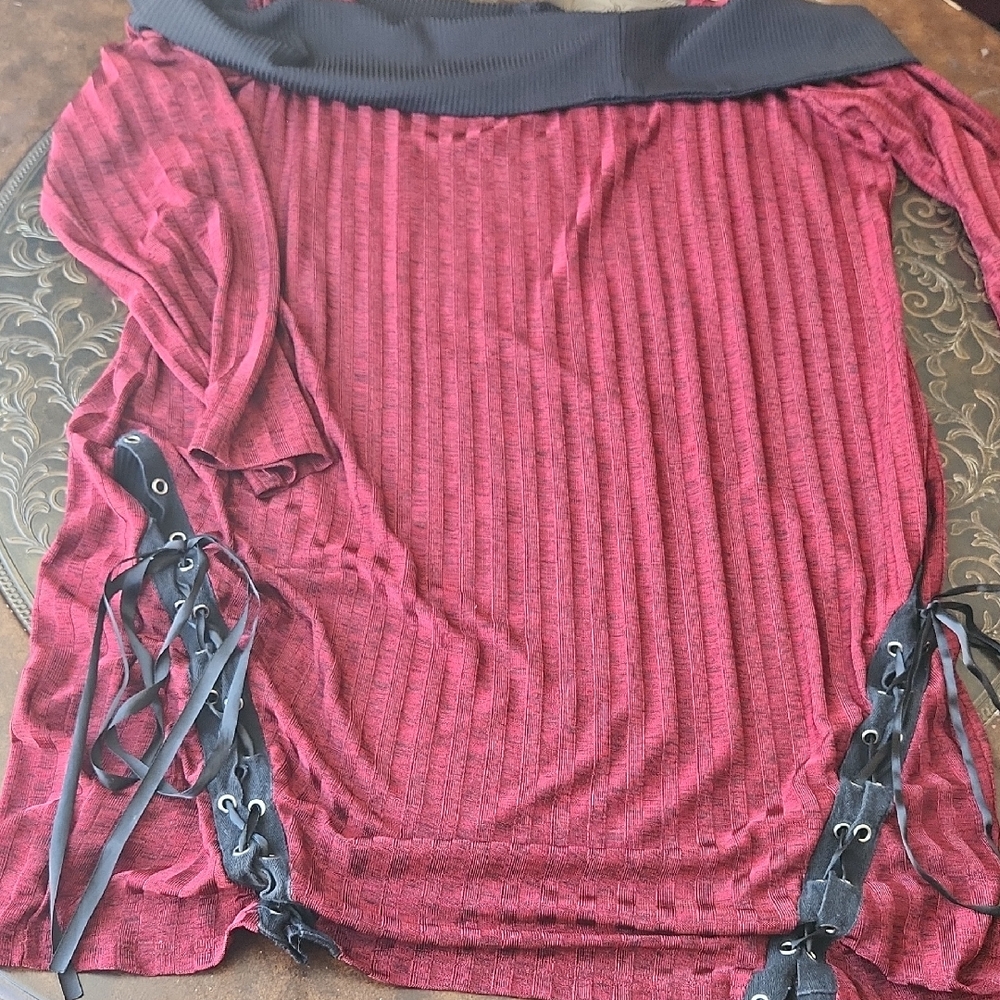Red Ribbed Sweater with Lace-Up Sides Sz 5X
